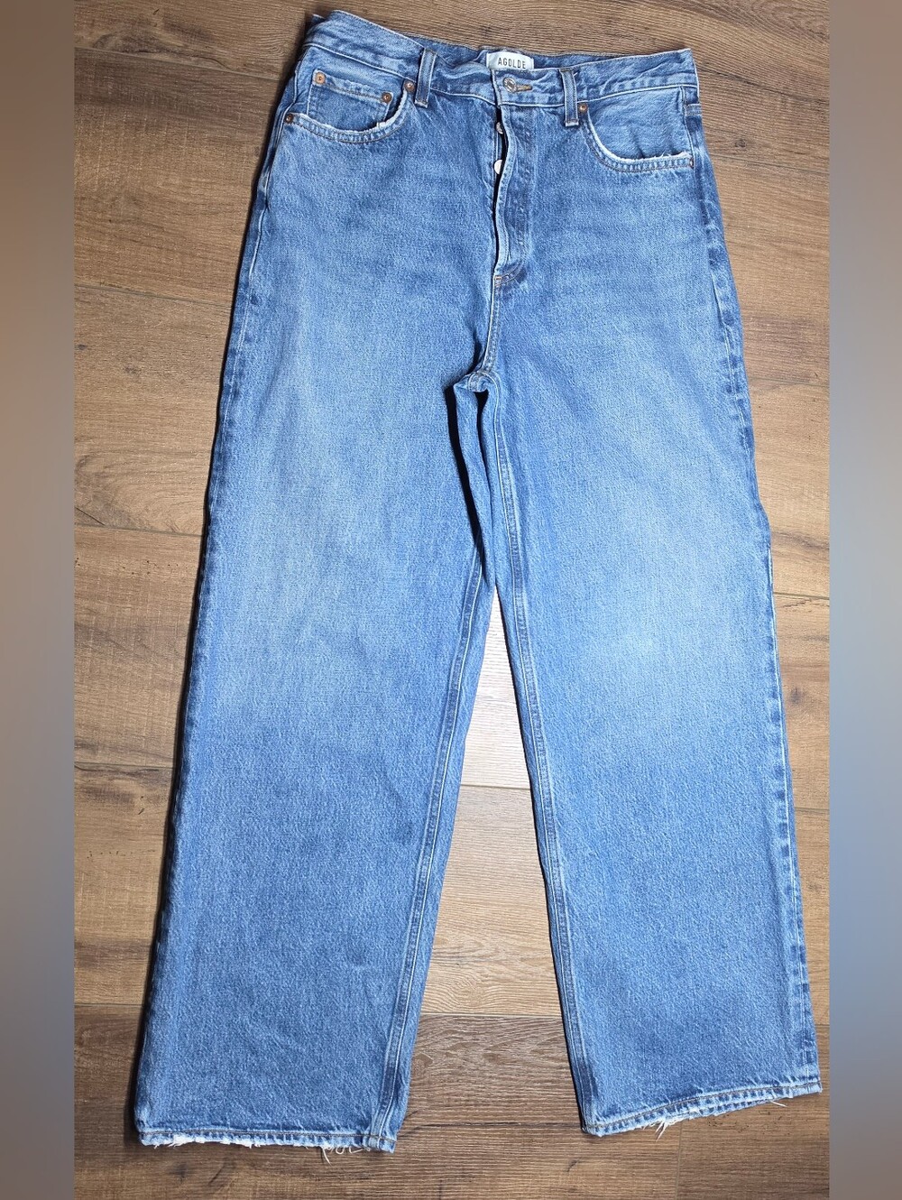 AGOLDE Women's Size 28 High Rise Button Fly Straight Leg Jeans Light WashRawHem